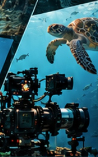 Sea turtle and camera rig underwater Sea turtle and camera rig underwater
